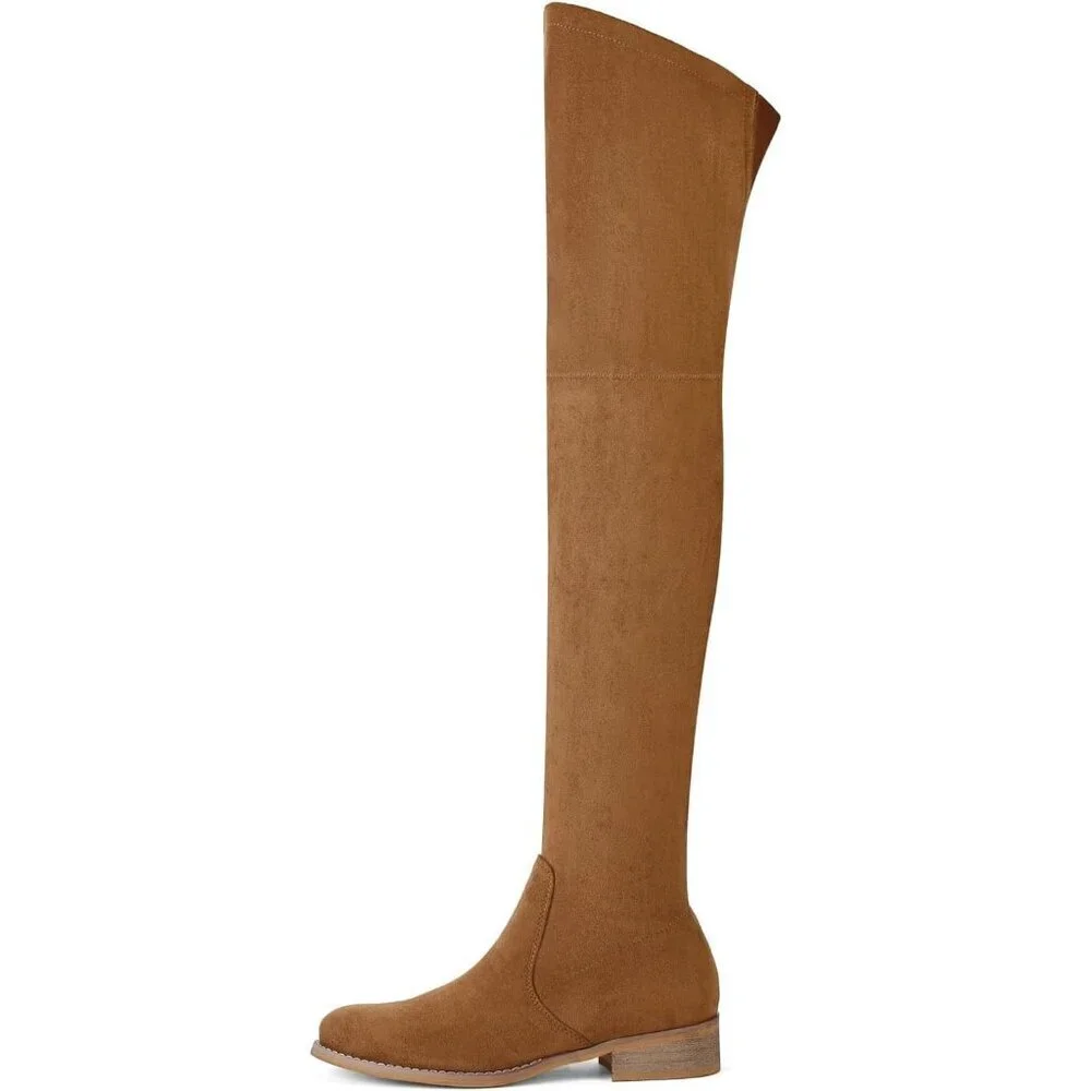 🆕Women's Brown Over The Knee Boots Thigh High Low Block Heel Pointed Toe Boots